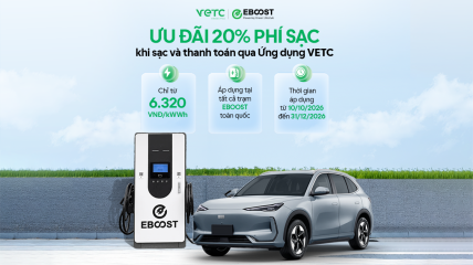 ƯU ĐÃI ĐỘC QUYỀN: GIẢM 20% PHÍ SẠC KHI SẠC VÀ THÀNH TOÁN QUA ỨNG DỤNG VETC